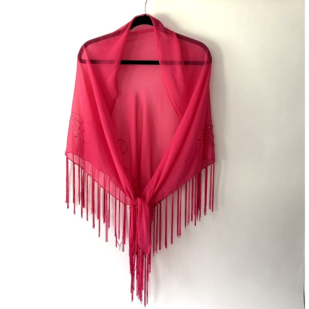 Evening Shawl Wrap Bright Pink Sheer Sequined Fringe Shoulder Waist Elegant Chic